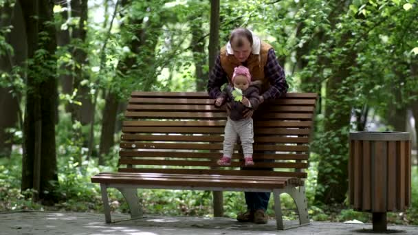 Отец и его маленькая дочь играют на скамейке в парке. День отца . — стоковое видео
