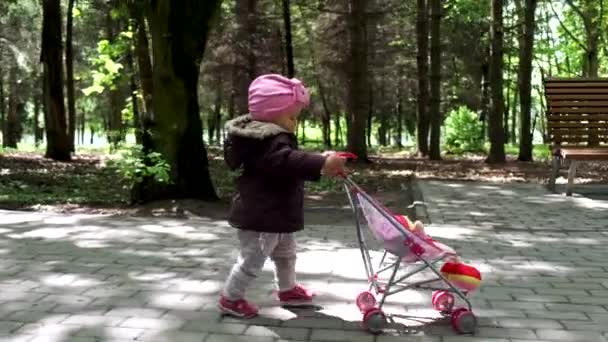 Baby girl walking with her stroller toy in spring park. — Stock Video