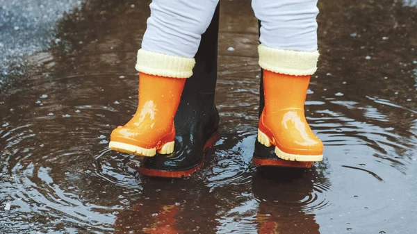 Green rubber boots in a puddle after rain. Autumn day.