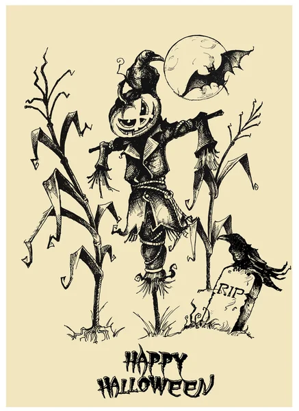 Colección vectorial Halloween. Ilustración hecha a mano. Arte de línea. Espantapájaros — Vector de stock