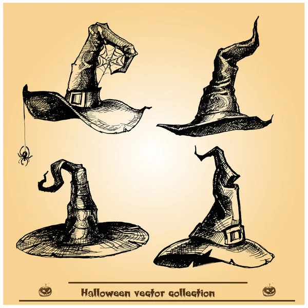Halloween cadı şapkaları... Vektör toplama. Elle çizilmiş şekil. Hat sanatı