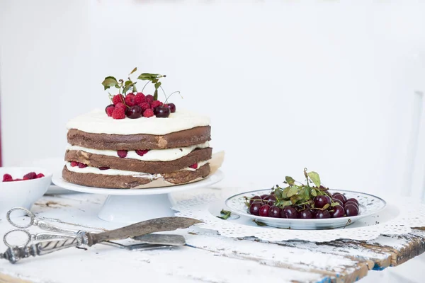 Cocoa Sponge Cake with Whipped Cream and Raspberries, cherries — Stock Photo, Image