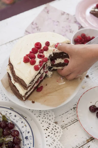 Bolo de esponja de cacau com creme de chicote e framboesas, cerejas — Fotografia de Stock