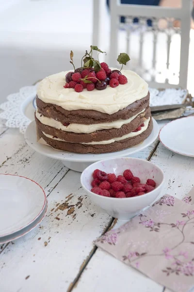 Kakao sockerkaka med vispgrädde och hallon, körsbär Stockbild