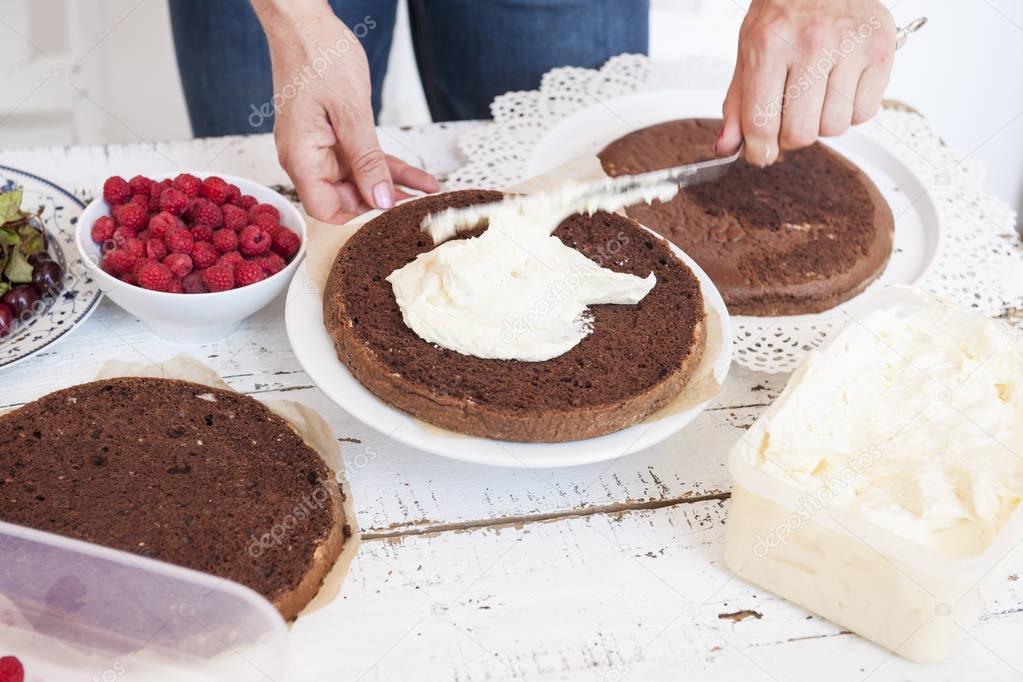 Cocoa Sponge Cake with Whipped Cream and Raspberries, cherries,