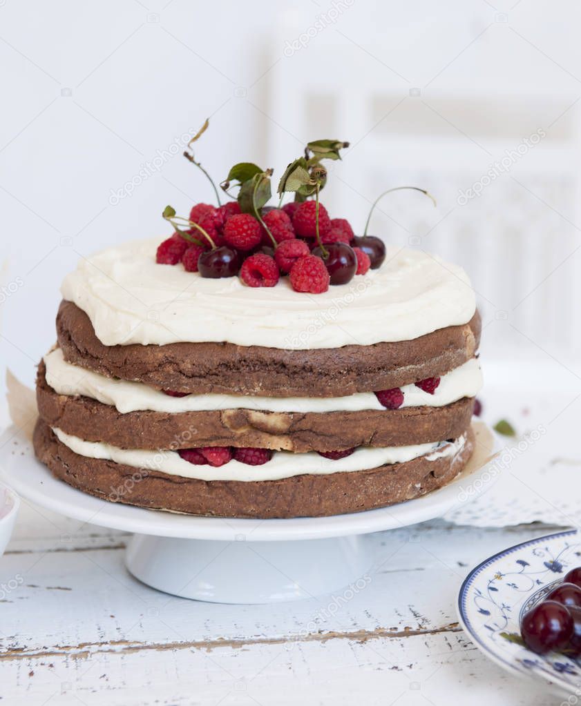 Cocoa Sponge Cake with Whipped Cream and Raspberries, cherries,