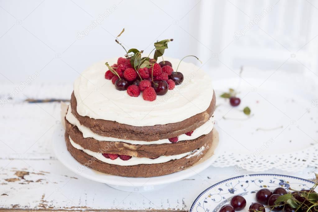 Cocoa Sponge Cake with Whipped Cream and Raspberries, cherries,