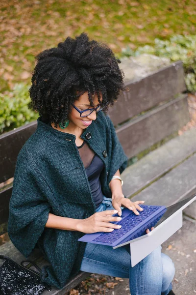 Profesional mujer negra que trabaja con el ordenador portátil fuera en otoño — Foto de Stock