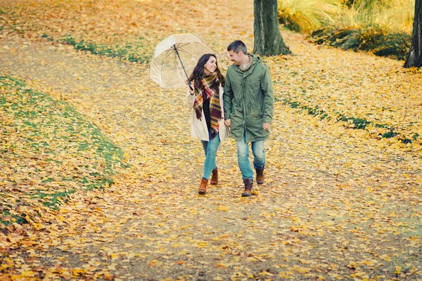 Jonge mooie paar wandelen in de herfst in het park — Stockfoto