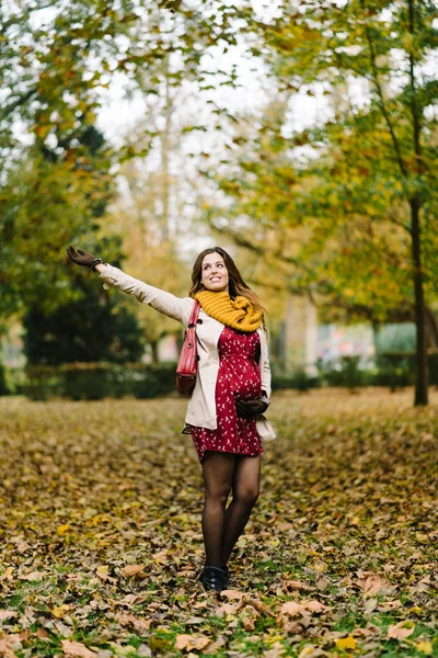 Joyful pregnant woman in autumn at the park — Stock Photo, Image