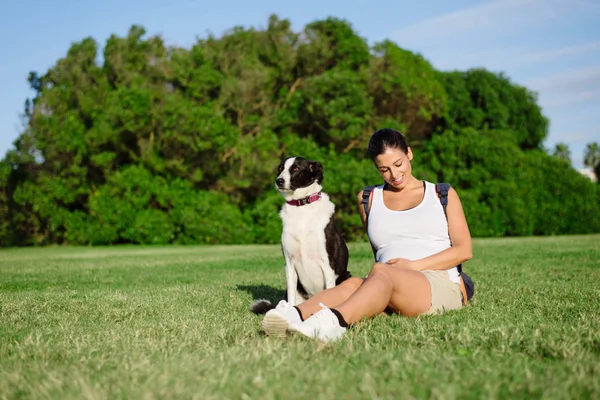 Hamile kadın ile köpek parkı — Stok fotoğraf