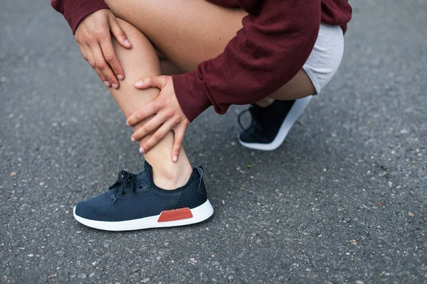 Painful Running Injury Detail Runner Holding Her Ankle Soleus Muscle — Stock Photo, Image
