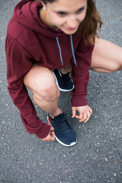 Detail Female Athlete Lacing Running Shoes Gettting Ready Training Asphalt — Stock Photo, Image