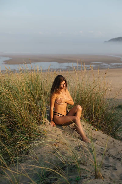 Natural Beautiful Woman Tanning Relaxing Topless Beach Morning Playa Salinas — Stock Photo, Image