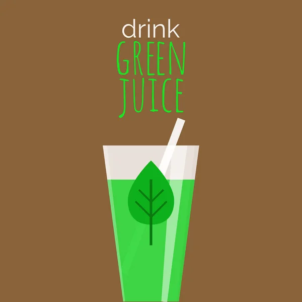 Verre avec du jus vert avec de la paille et du texte sur fond brun. Boire du jus vert - illustration vectorielle du bien-être. Régime alimentaire cru à la mode . — Image vectorielle