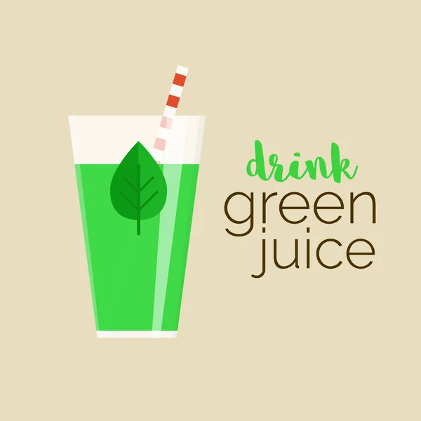 Buvez du jus vert - illustration vectorielle du bien-être tendance saine. Verre de jus vert avec feuille et texte pour votre design. Alimentation crue populaire . — Image vectorielle