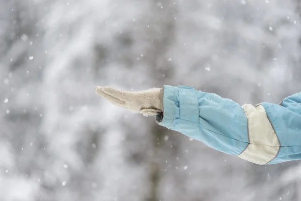 Person, die eine behandschuhte Hand ausstreckt, um den Schnee zu fangen — Stockfoto