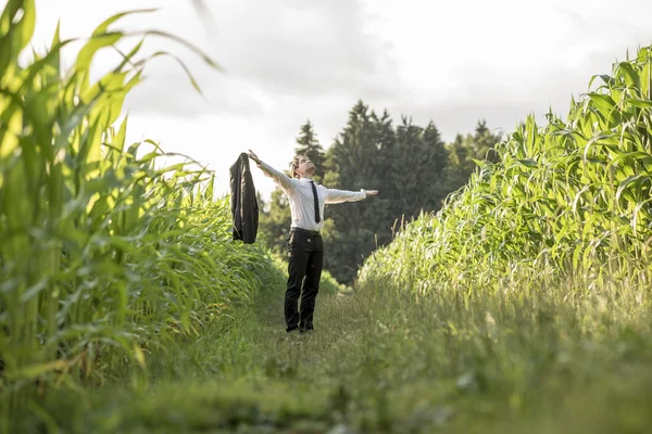 Человек в галстуке стоит между рядами кукурузы — стоковое фото