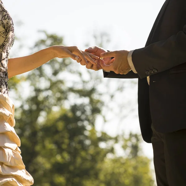 Sposo sposare la sua sposa all'aperto in un parco — Foto Stock