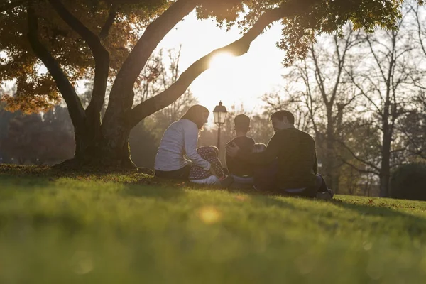 Keluarga muda dengan tiga anak duduk di bawah pohon musim gugur — Stok Foto