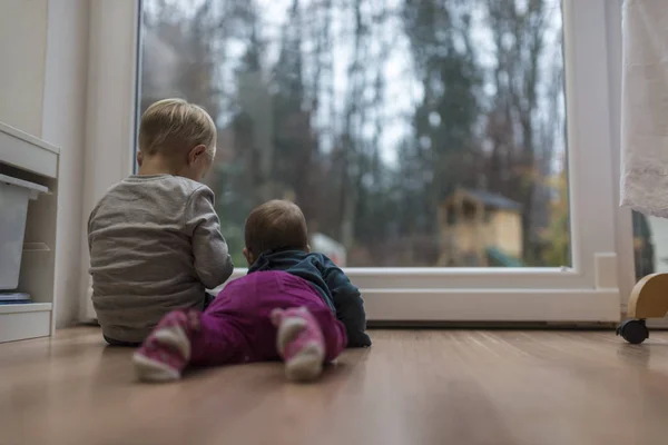 Två små barn sitter vid en glasdörr — Stockfoto