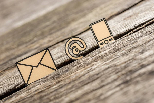 Small At sign, mail and phone symbols outlined with black — Stock Photo, Image