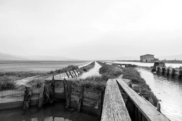 Černobílý obraz starého saltpan domu v přírodním parku Secovlje — Stock fotografie