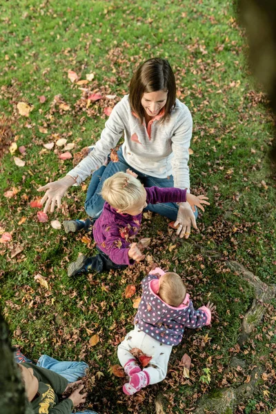 Visão Superior Mãe Sorridente Brincando Com Seus Filhos Pequenos Grama — Fotografia de Stock