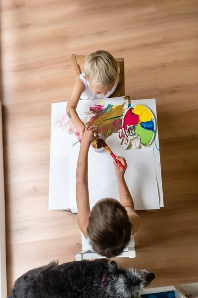 Veduta aerea di bambini che dipingono con acquerelli immergendo un brus — Foto Stock