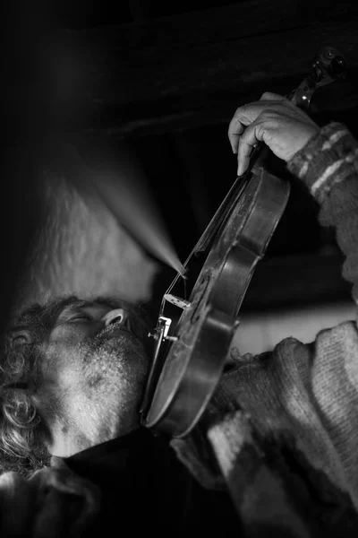 Vista inferior lateral del hombre con pelo largo y barba tocando un violín — Foto de Stock