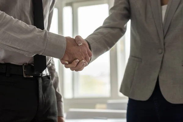 Zijaanzicht van een handdruk van een zakenman en zakenvrouw — Stockfoto