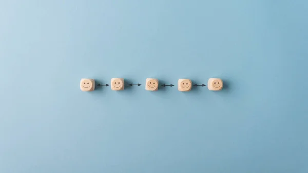 Imagen Conceptual Distanciamiento Social Caras Sonrientes Dados Madera Con Flechas —  Fotos de Stock