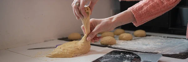 Wide View Image Woman Making Balls Freshly Made Vegan Dough — Stock Photo, Image