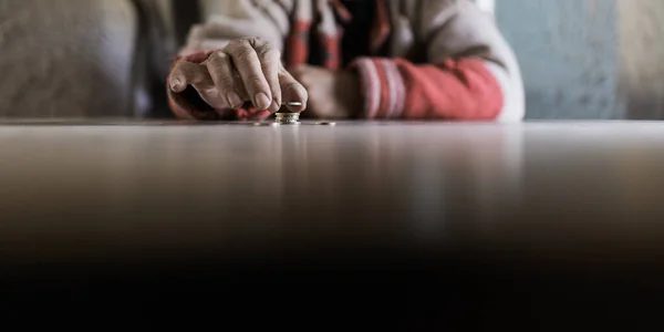 Wide View Image Senior Man Counting His Last Euro Coins — Stok Foto