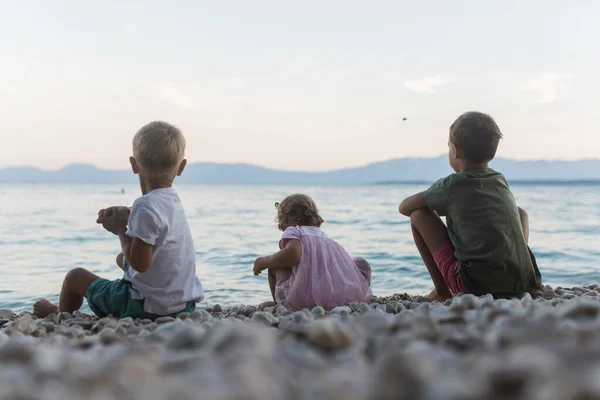 Θέα Από Πίσω Από Τρία Αδέλφια Δύο Αγόρια Και Ένα — Φωτογραφία Αρχείου