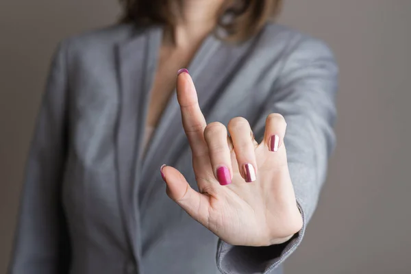 Closeup View Female Finger Pink Manicure Touching Virtual Interface Screen — Stock Photo, Image