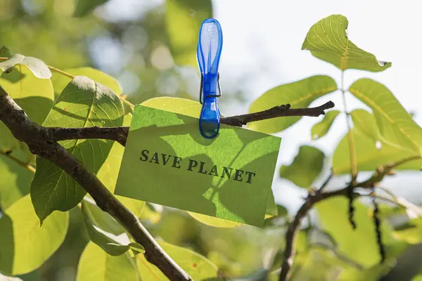 Zapisz Znak Planety Zielonym Papierze Dołączony Gałązki Świeżych Zielonych Liści — Zdjęcie stockowe