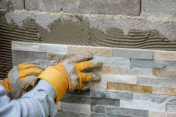 Pressing Ornamental Tile Look Natural Stone Adhesive Glue Wall Backyard — Stock Photo, Image