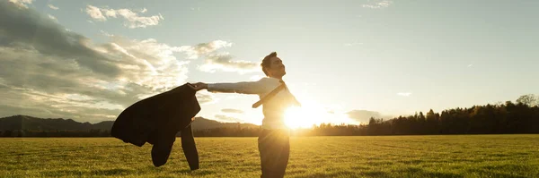 Wide View Image Successful Young Businessman Standing Middle Green Meadow — Stock Photo, Image