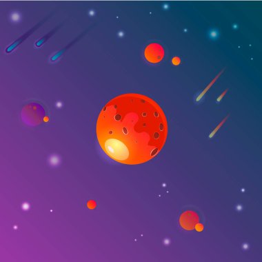 Yıldızlı gökyüzünde kuyruklu yıldızları olan bir gezegenin vektör çizimi