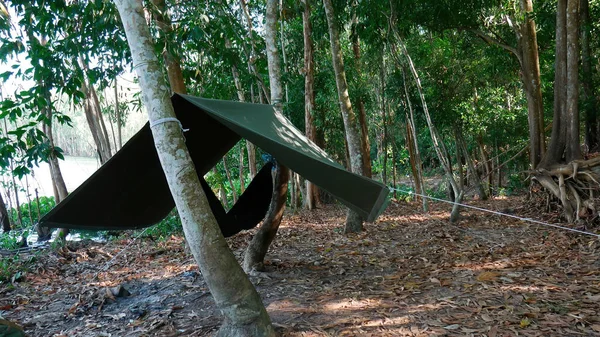 Tienda Extendía Sobre Los Árboles Del Bosque Una Lona Estirada — Foto de Stock