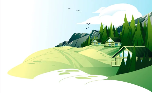 Paysage Montagne Été Avec Maisons Repos — Image vectorielle