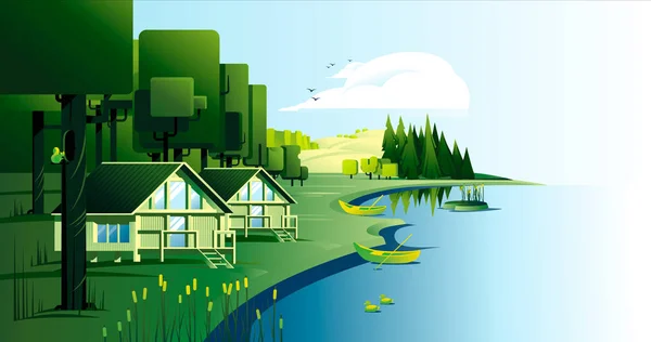 Floresta Verão Verde Descansa Casas Repouso Perto Água — Vetor de Stock