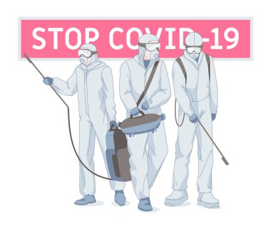 Bir grup insan covid-19 'u durdurmak için dezenfeksiyon yapıyor.