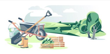 Nesneler beyaz arka planda izole edilmiş tarla ve bahçe işleri için ekipman yerleştirdiler