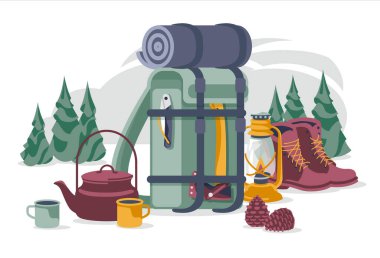 Sırt çantası, çaydanlık, bardak, gaz lambası, yürüyüş botları, bıçak, balta ve beyaz arka planda izole edilmiş tümseklerle turizm ve kamp nesneleri.