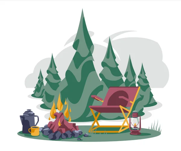 Kamp Kozalaklı Ağaç Manzarası Şenlik Ateşinin Yanında Sandalye Çaydanlık Izole — Stok Vektör