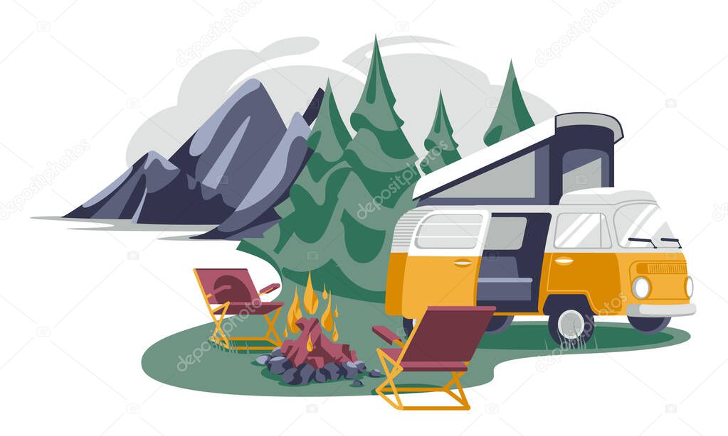 Camping trailer near two chairs and bonfire on coniferous forest background isolated white background