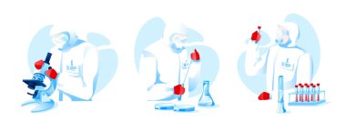 Koruyucu giysi giyen üç bilim adamı pandemik izolasyon için araştırma aşısı yapıyor.