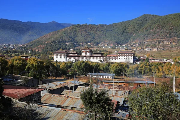 Thimphu Dzong krajobraz w buddyjskim kraju Bhutanu Zdjęcia Stockowe bez tantiem